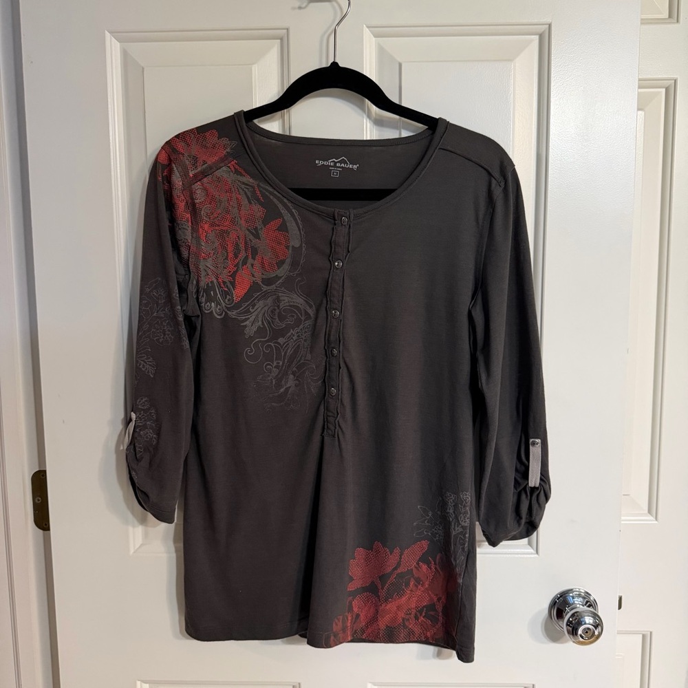 Eddie Bauer Gray and Red Floral Long Sleeve Top